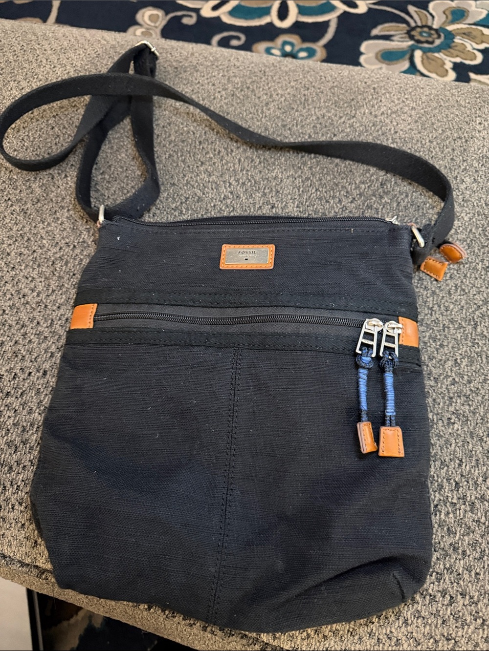 Fossil Black fabric Messenger Bag with Tan Leather Accents